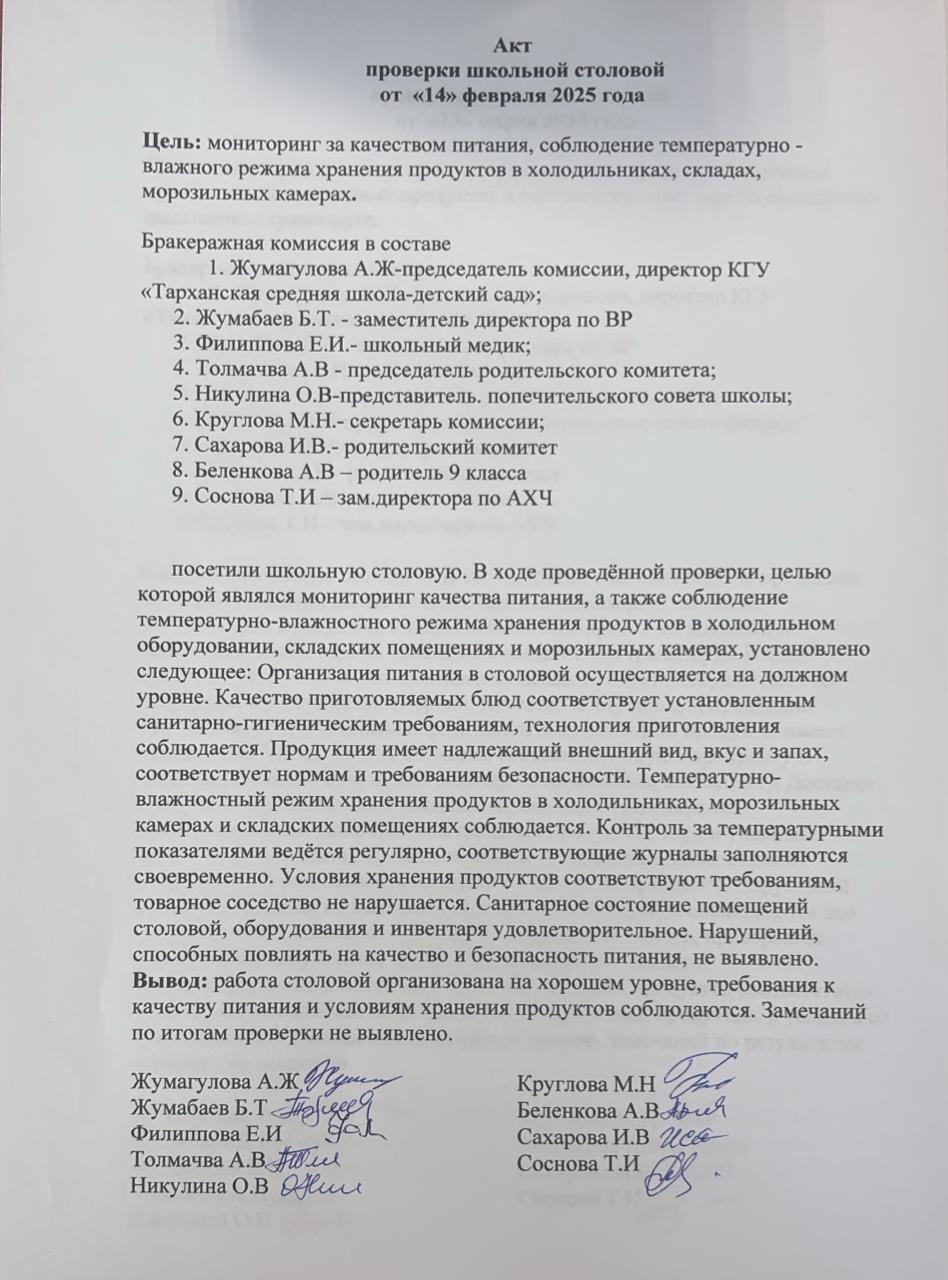 Акт проверки школьной столовой