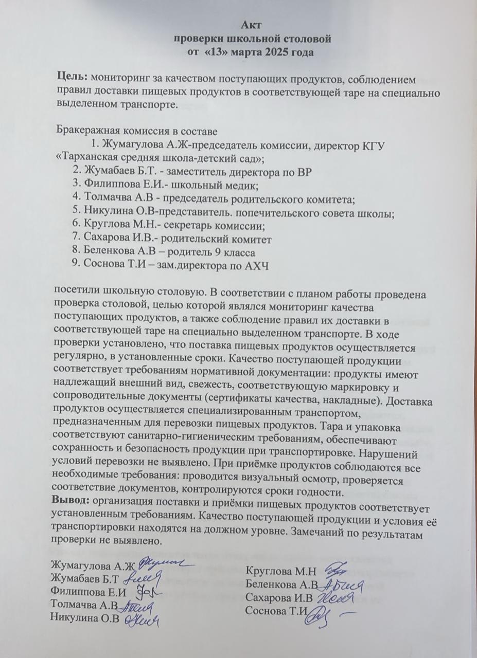 Акт проверки школьной столовой
