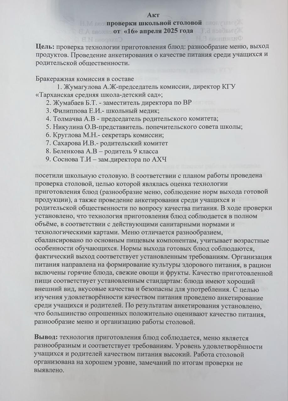 Акт проверки школьной столовой