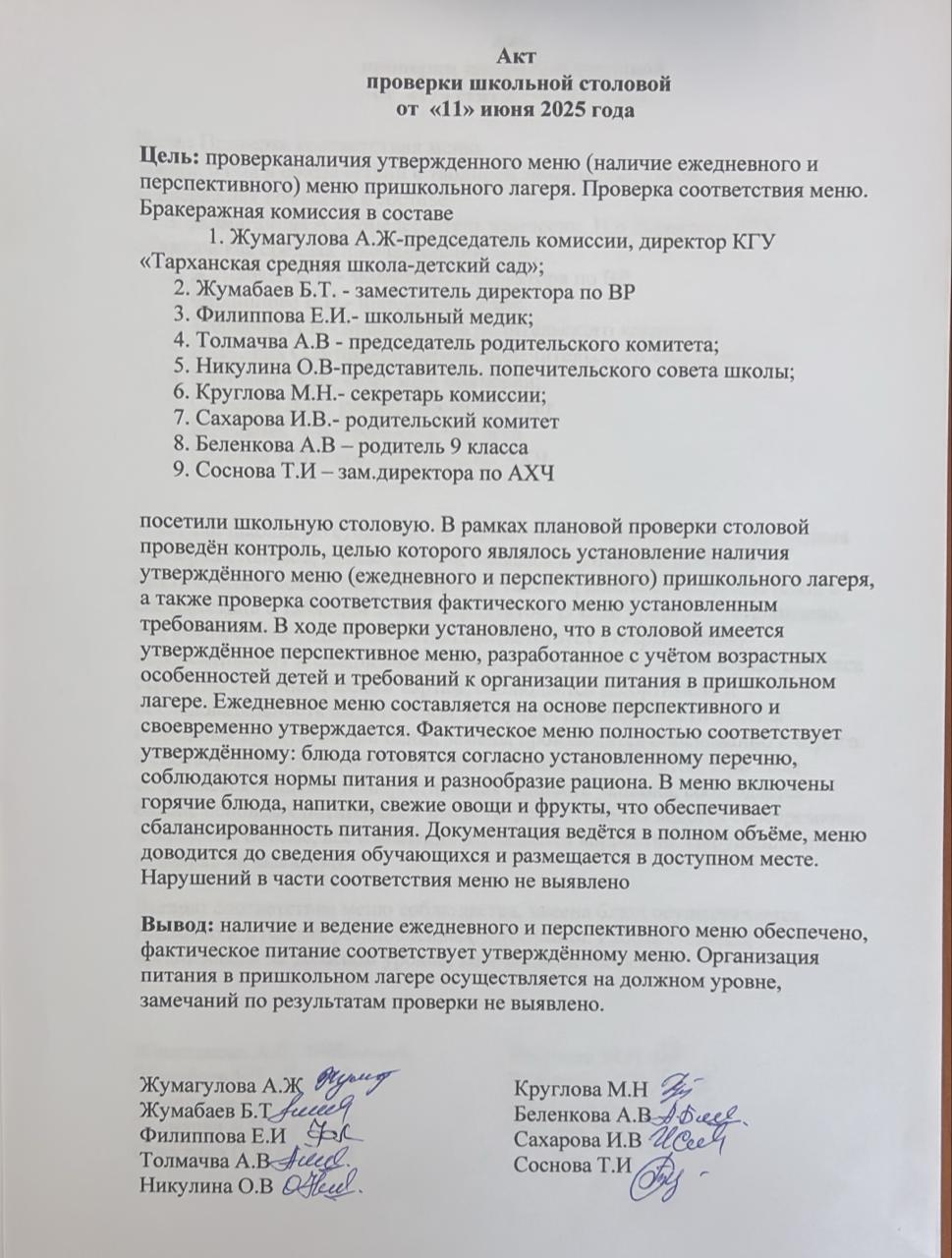 Акт проверки школьной столовой