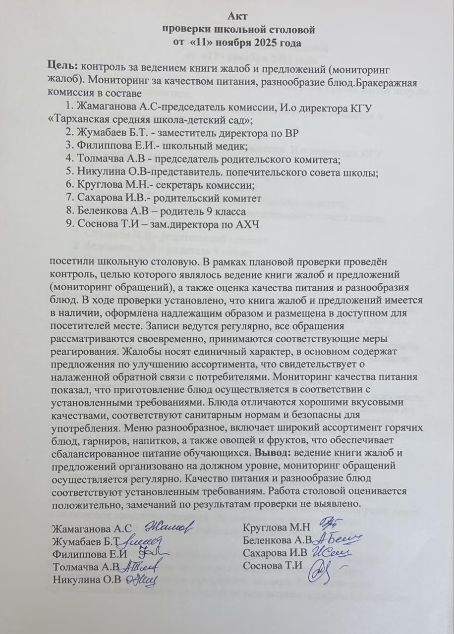 Акт проверки школьной столовой