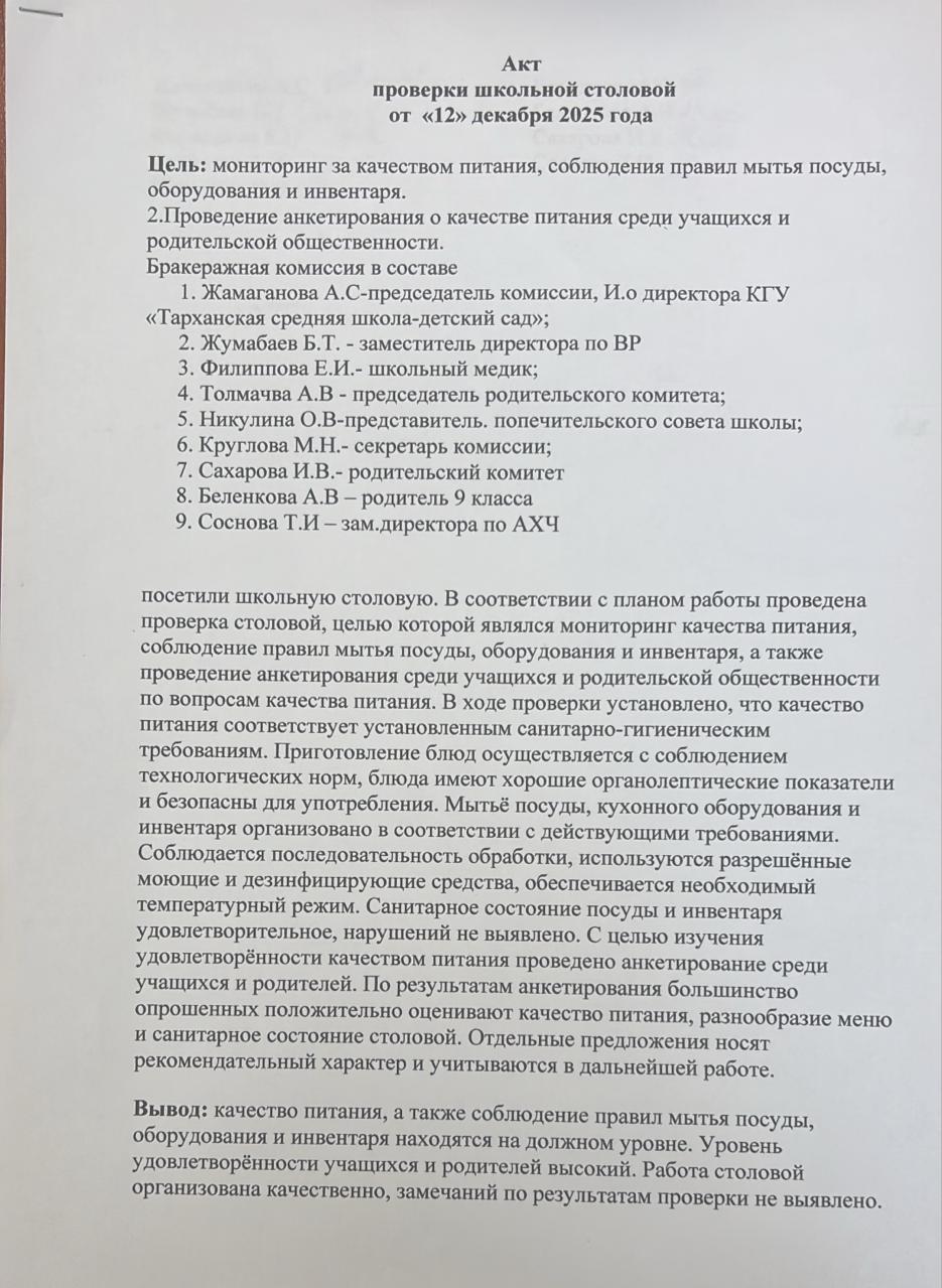 Акт проверки школьной столовой