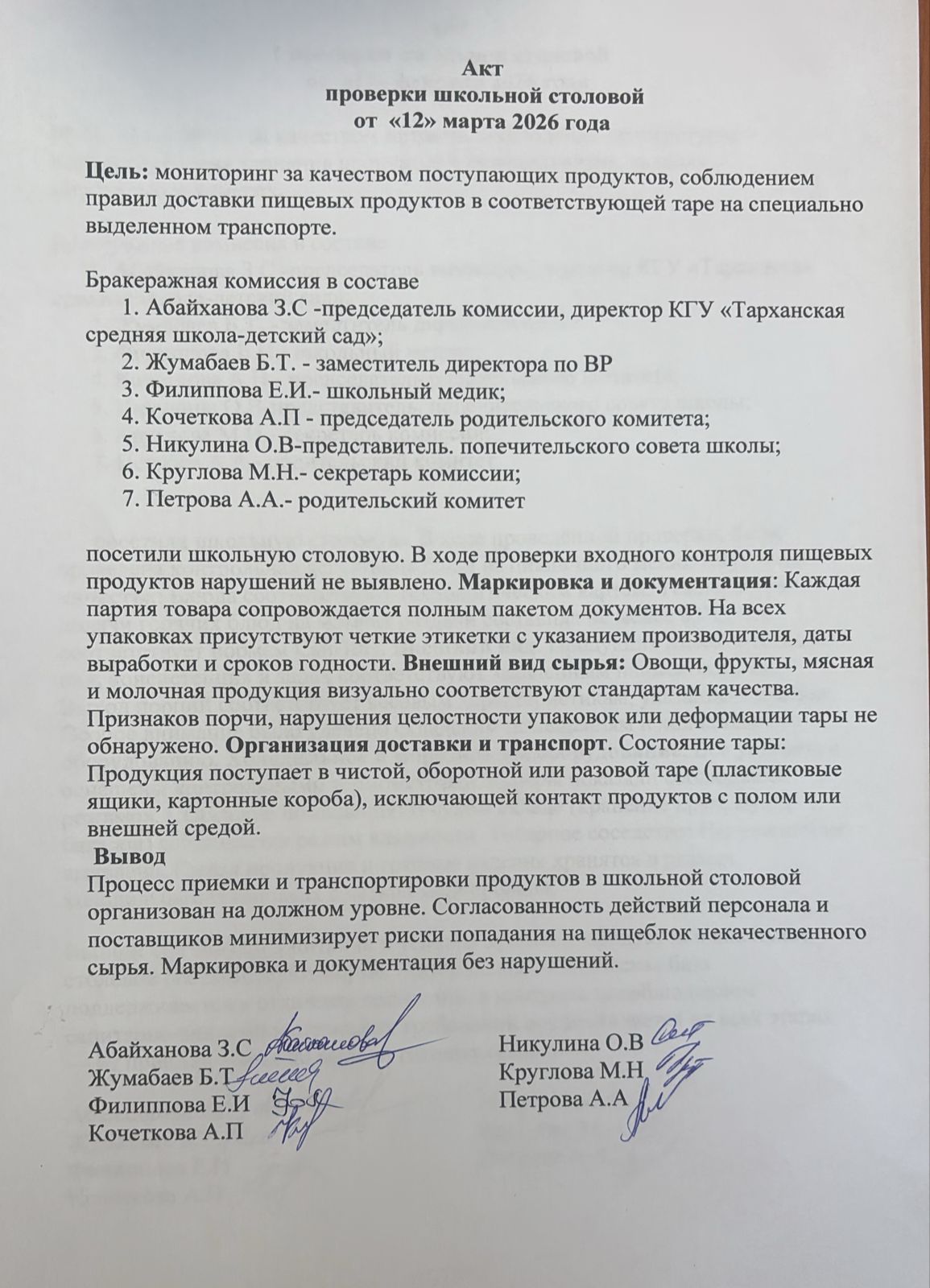 Акт проверки школьной столовой