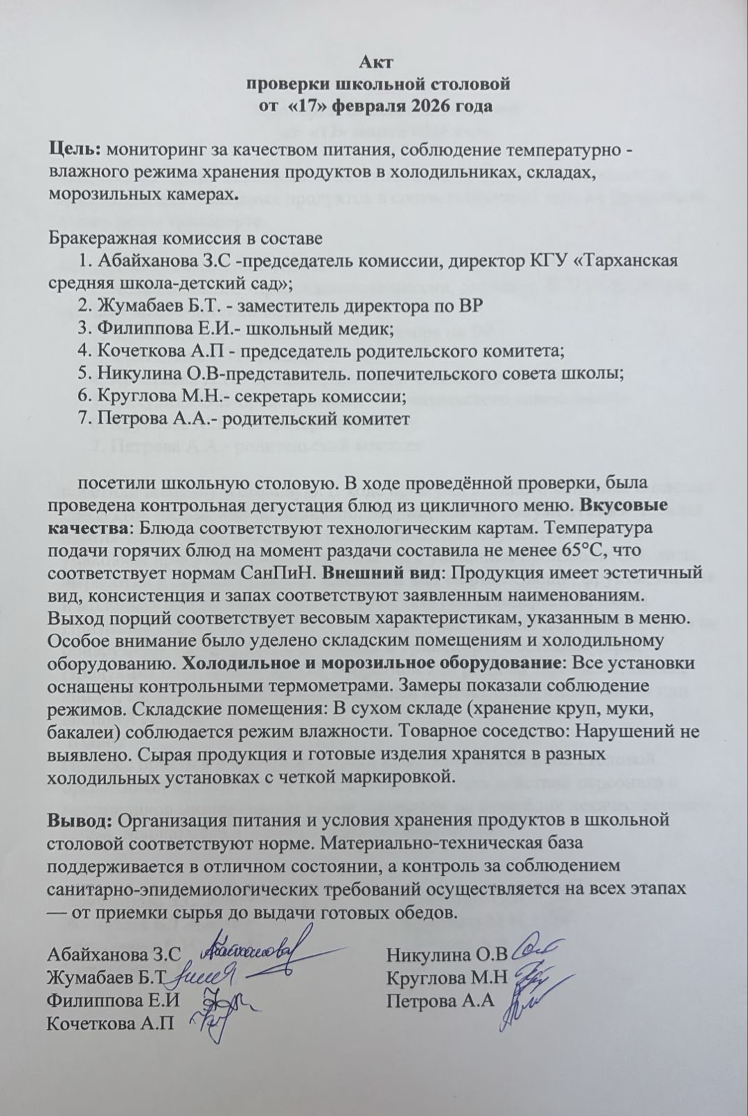Акт проверки школьной столовой