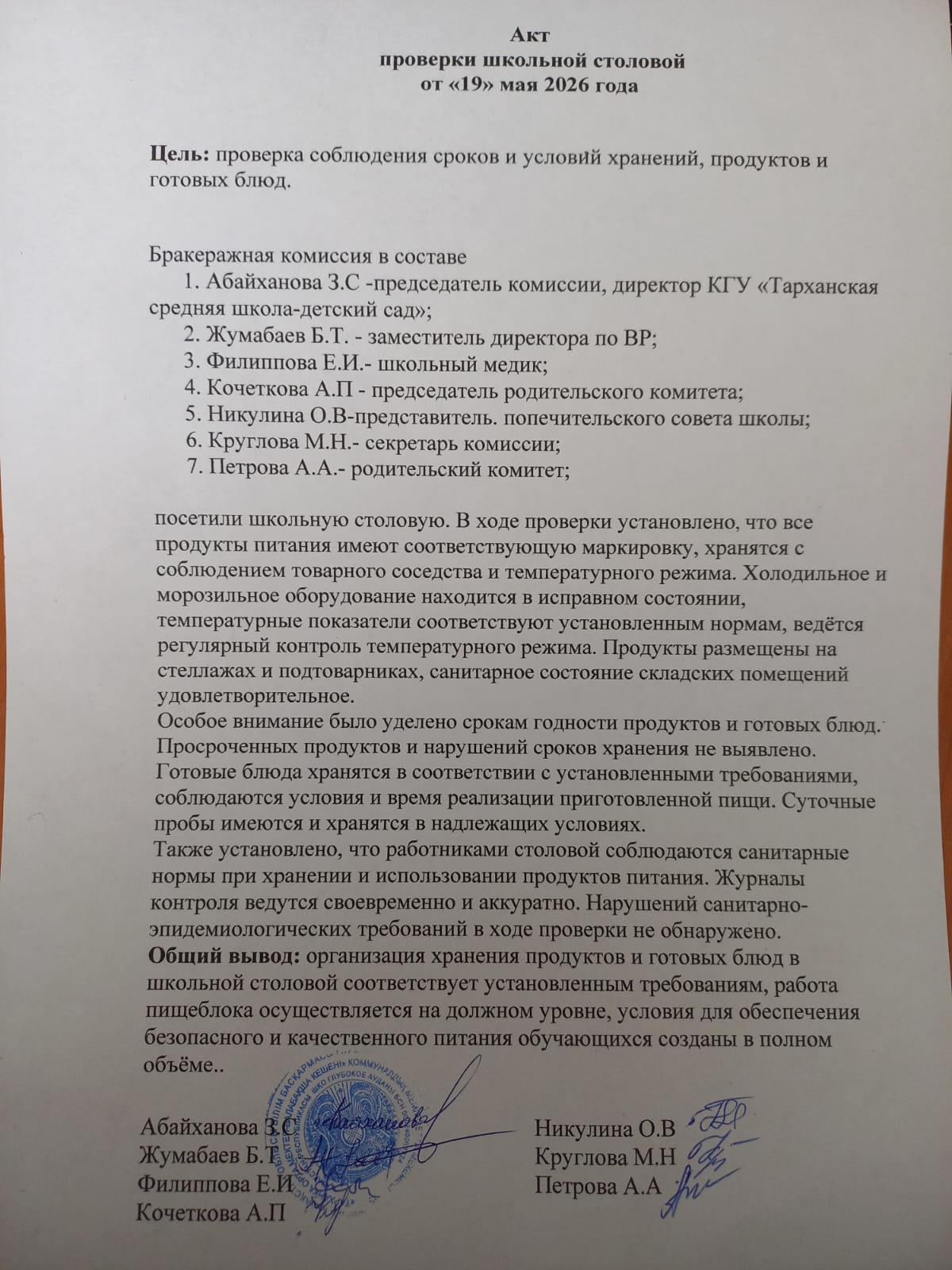 Акт проверки школьной столовой